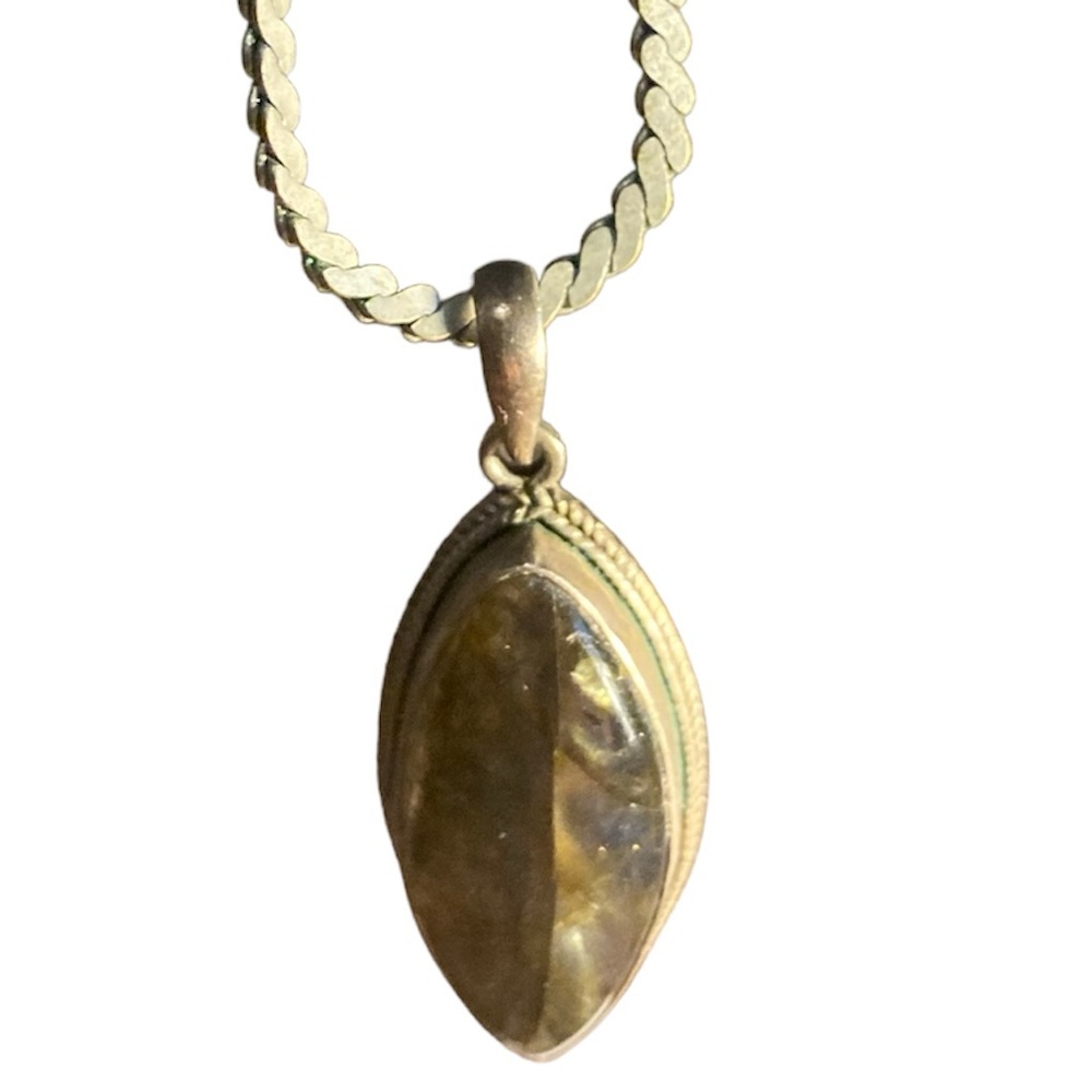 Labradorite pendant, with silver chain.